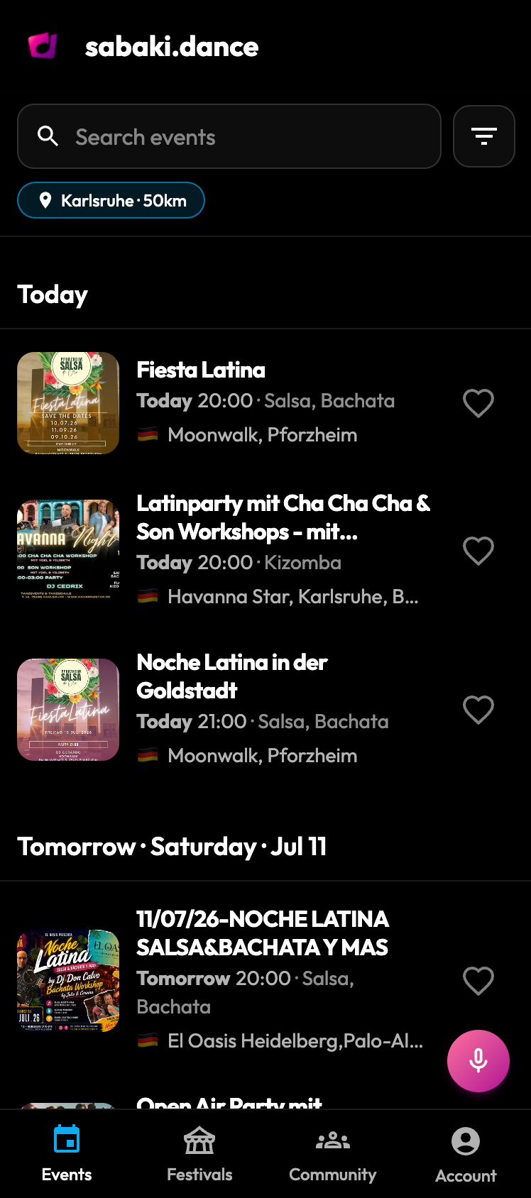The sabaki.dance event listings for a city shown on a phone