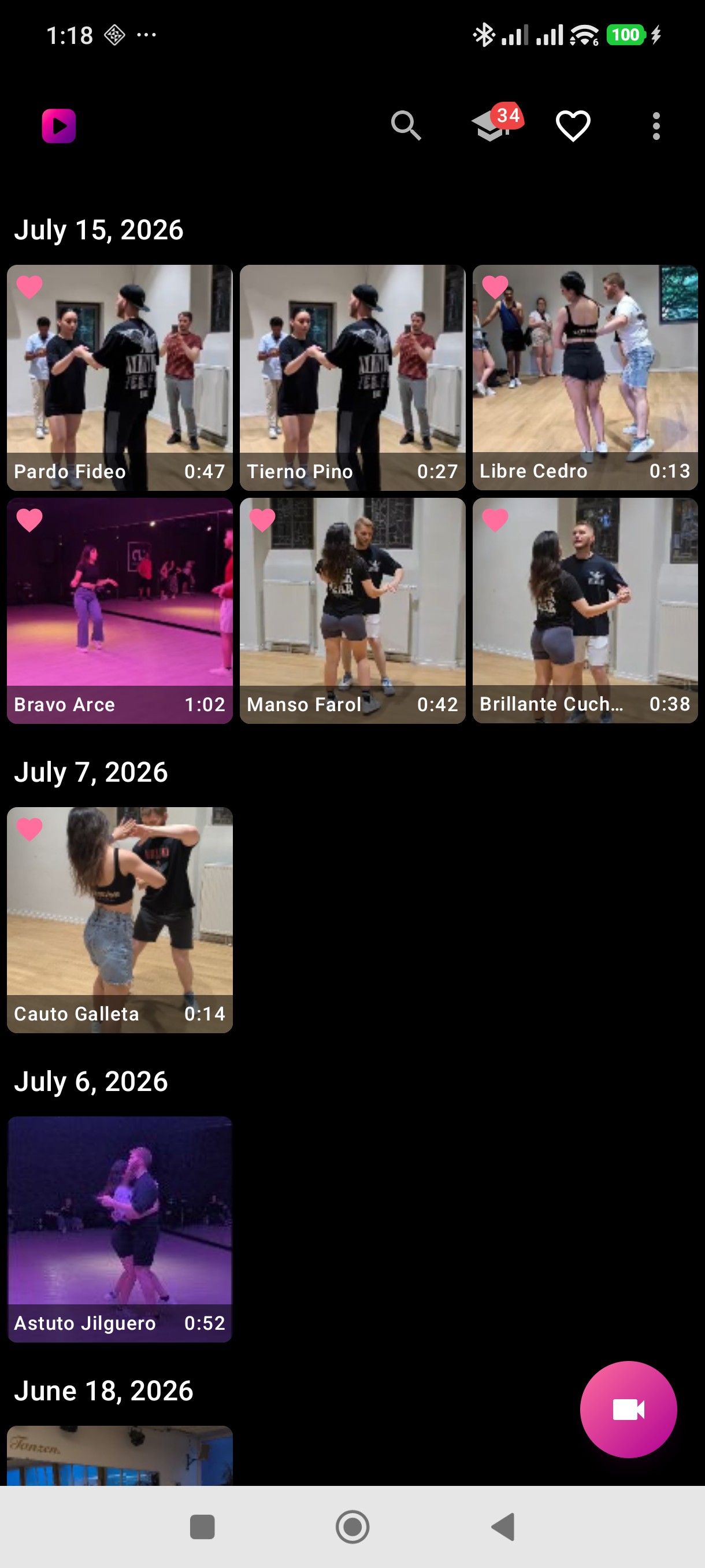 Timeline of your dance-class videos, grouped by day